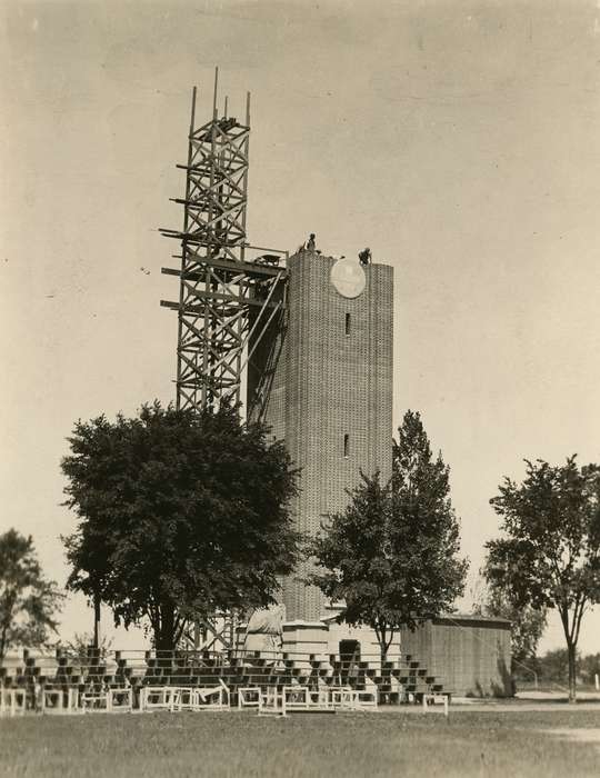 Schools and Education, uni, tree, bleachers, university of northern iowa, UNI Special Collections & University Archives, history of Iowa, Iowa History, campanile, iowa state teachers college, Iowa, construction, Cedar Falls, IA