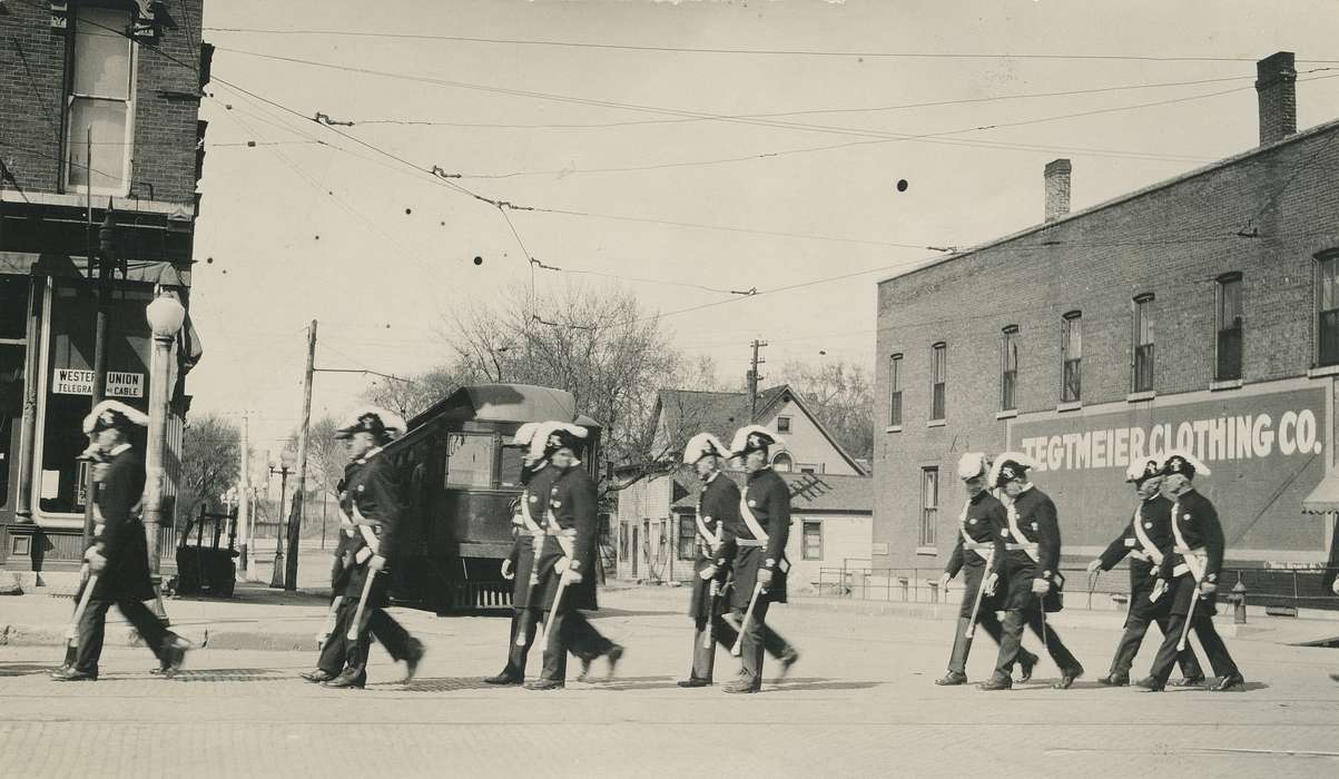 Portraits - Group, marching, Main Streets & Town Squares, history of Iowa, Iowa History, parade, Motorized Vehicles, Waverly, IA, Iowa, Cities and Towns, Waverly Public Library