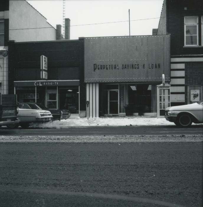 history of Iowa, Iowa History, storefront, Businesses and Factories, Iowa, snow, street, Waverly Public Library