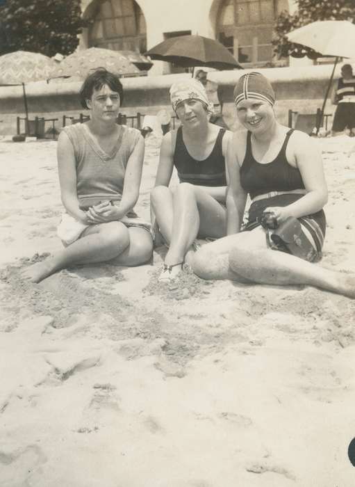 Iowa History, Leisure, Waverly Public Library, Iowa, history of Iowa, beach, correct date needed, Portraits - Group, swimsuits, Travel, women