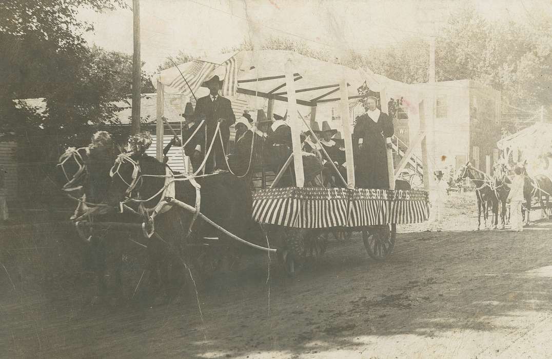 Cities and Towns, horse drawn, Animals, parade float, correct date needed, american flag, Iowa History, Waverly Public Library, history of Iowa, Iowa, Entertainment, Fairs and Festivals, school float, horse, Holidays, Civic Engagement, parade, Portraits - Group