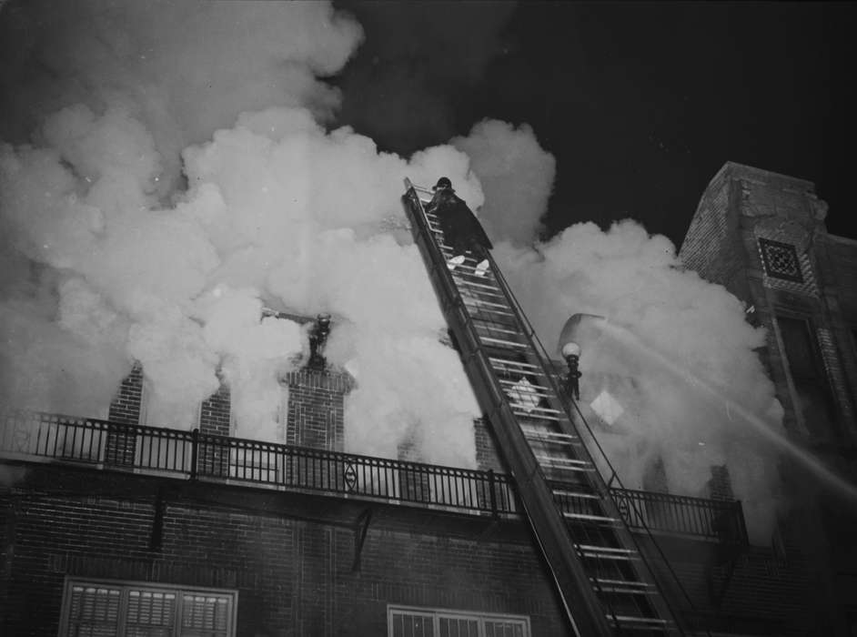 Main Streets & Town Squares, history of Iowa, Iowa History, Ottumwa, IA, Lemberger, LeAnn, Businesses and Factories, fire, movie theater, Iowa, Cities and Towns, ladder, firefighter