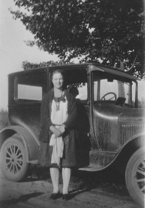Travel, mud, history of Iowa, Iowa History, automobile, Charles City, IA, Motorized Vehicles, woman, car, Iowa, Lyman, Donna, handkerchief, Portraits - Individual