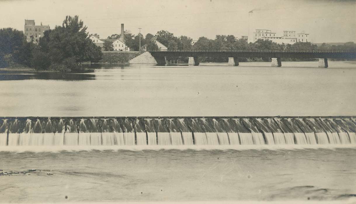 dam, Lakes, Rivers, and Streams, factory, Iowa History, train bridge, smokestack, Waverly Public Library, Iowa, history of Iowa, cedar river, Landscapes, Waverly, IA