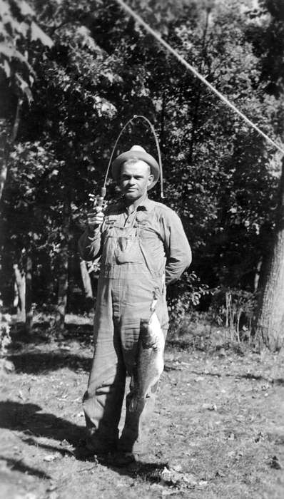 history of Iowa, Iowa History, fishing pole, Lakes, Rivers, and Streams, fish, fishing, Flathers, Claudia, Iowa, Marshall County, IA, overalls, Leisure, Portraits - Individual