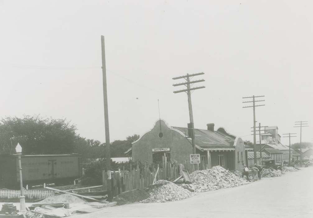 history of Iowa, Iowa History, Businesses and Factories, wpa project, depot, Iowa, correct date needed, Cities and Towns, power line, Train Stations, electrical pole, Waverly Public Library, Labor and Occupations