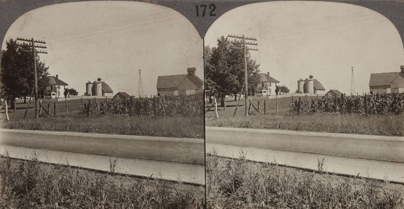 stereoscopic, homestead, history of Iowa, Library of Congress, fence, Farms, Barns, Iowa, corn, silo, power line, Iowa History, windmill, barn, wire, road