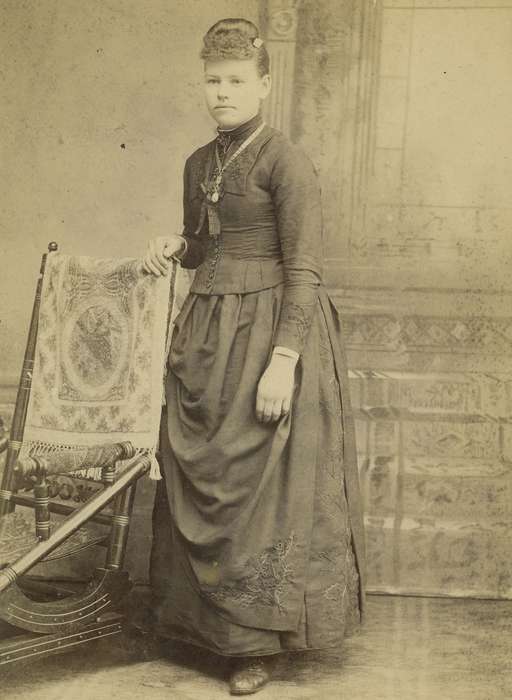 frizzy bangs, history of Iowa, embroidery, Iowa History, woman, Olsson, Ann and Jons, Belle Plaine, IA, necklace, cabinet photo, Iowa, painted backdrop, dress, Portraits - Individual