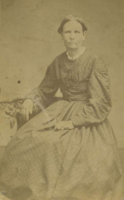 dropped shoulder seams, lace collar, brooch, carte de visite, collared dresses, bishop sleeves, hoop skirt, woman, Maquoketa, IA, Iowa History, history of Iowa, Iowa, Portraits - Individual, pattern dress, Olsson, Ann and Jons