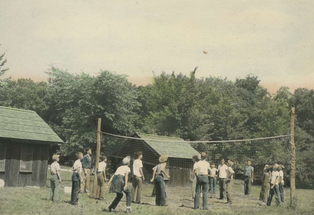 Iowa History, colorized, Iowa, Webster County, IA, Sports, volleyball, McMurray, Doug, Outdoor Recreation, history of Iowa, camp, Children, boy scouts