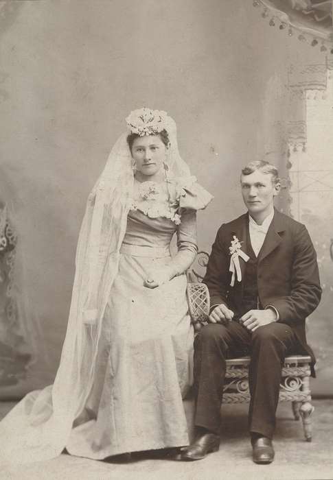 history of Iowa, Iowa History, couple, Waverly, IA, portrait, Iowa, marriage, correct date needed, wedding dress, Waverly Public Library, suit
