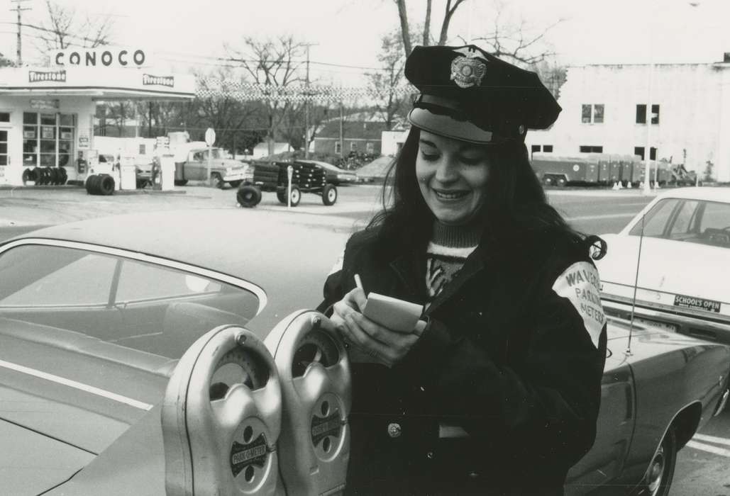 history of Iowa, cars, parking meter, Iowa History, Civic Engagement, gas station, Iowa, Waverly Public Library, women at work