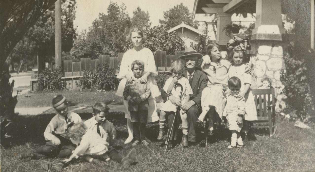 Portraits - Group, Travel, grandpa, Pasadena, CA, history of Iowa, Mortenson, Jill, Families, Iowa History, front yard, generations, girls, grandfather, boys, grandchildren, Iowa, family, Children, cane