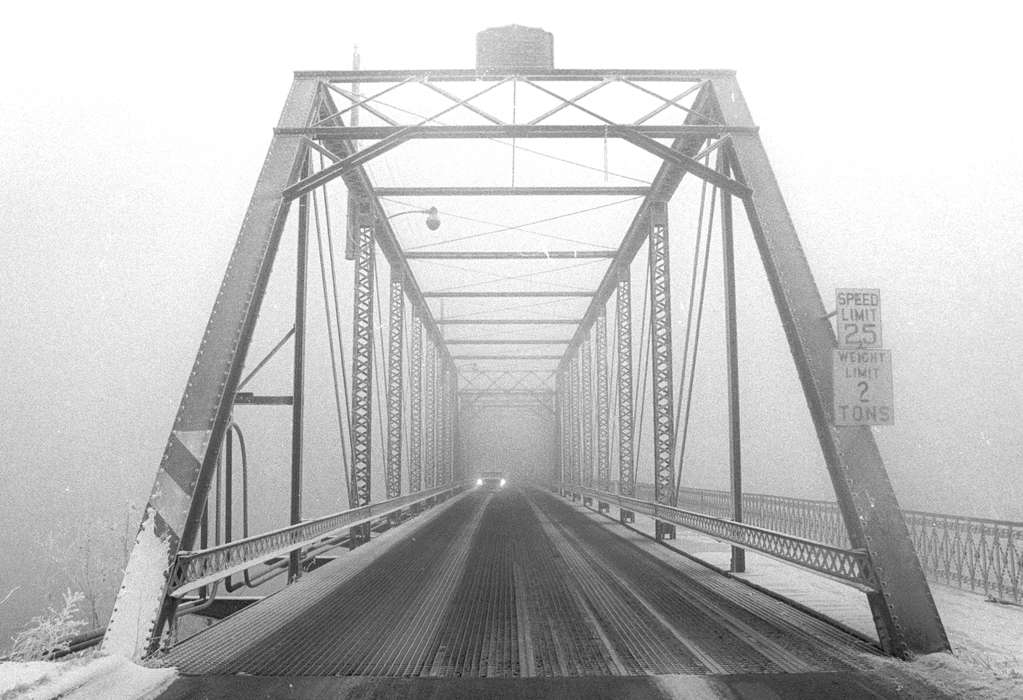 bridge, fog, Ottumwa, IA, Iowa History, history of Iowa, Motorized Vehicles, Iowa, Lemberger, LeAnn, headlight, sign