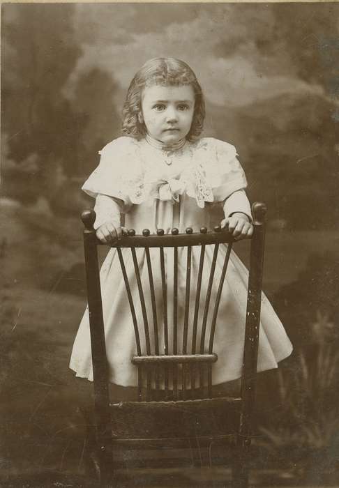 Neymeyer, Robert, pose, backdrop, history of Iowa, Parkersburg, IA, Iowa, girl, chair, dress, Portraits - Individual, Children, lace, Iowa History