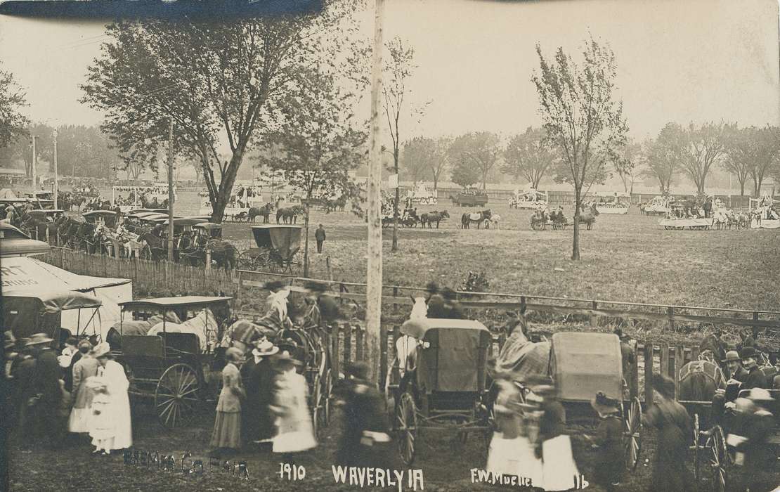 Waverly Public Library, history of Iowa, Iowa History, Animals, Waverly, IA, Fairs and Festivals, horse drawn wagon, grass, hat, Iowa, tree, mustache, dress, horse, carriage, suit