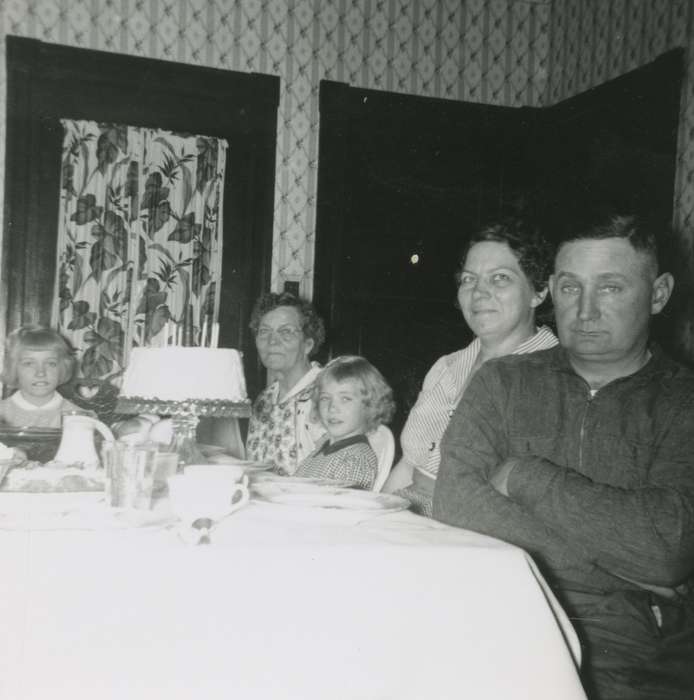 Portraits - Group, table, cake, Iowa History, IA, history of Iowa, Families, dining room, Joblinske, Sandy, Iowa, Homes, meal, Children