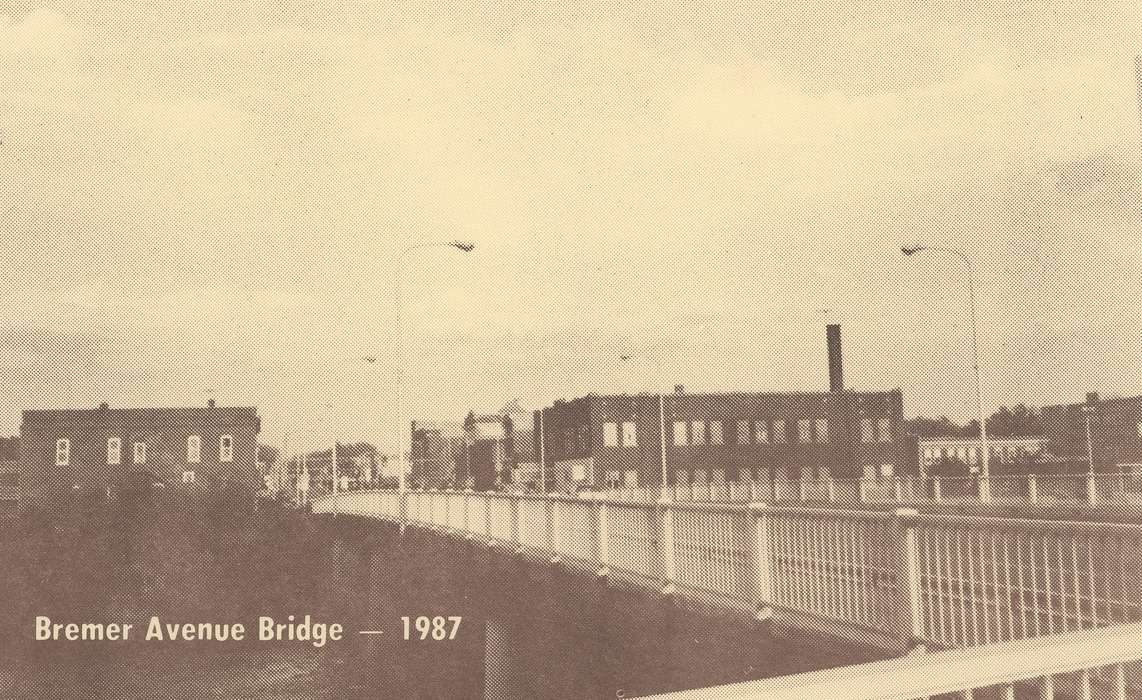 Main Streets & Town Squares, streetlights, bridge, Iowa History, history of Iowa, Businesses and Factories, business, Waverly, IA, river, Iowa, post card, Waverly Public Library