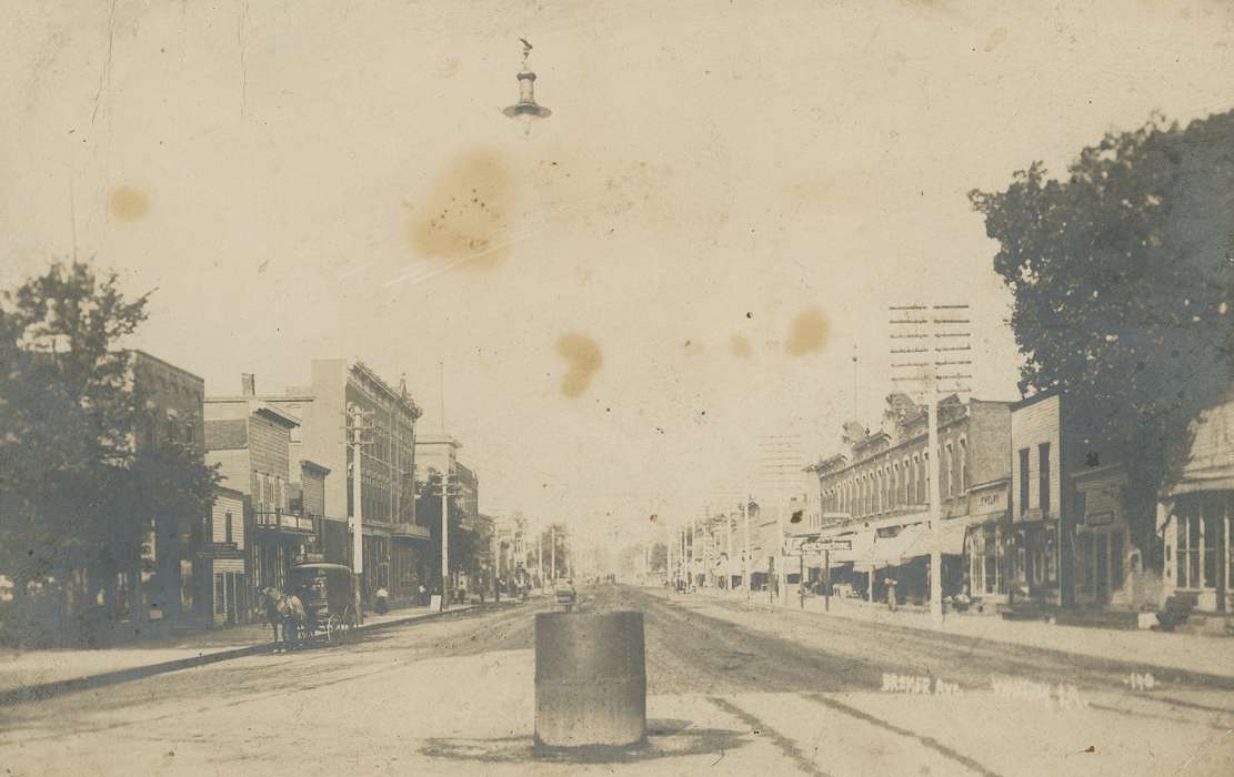 sign, history of Iowa, post card, Waverly Public Library, Waverly, IA, Main Streets & Town Squares, postcard, horse, Iowa, building, road, Iowa History, pole, correct date needed, Cities and Towns, tree, Animals