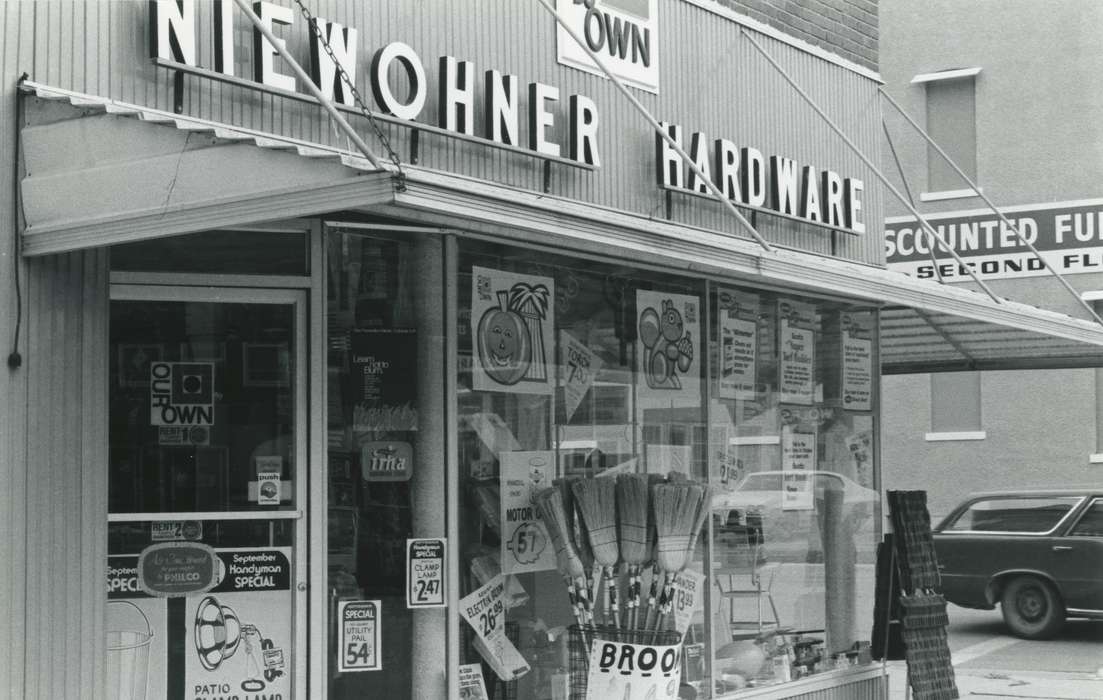 Main Streets & Town Squares, main street, history of Iowa, Iowa History, hardware store, storefront, Businesses and Factories, window, business, Iowa, Cities and Towns, Waverly Public Library, broom
