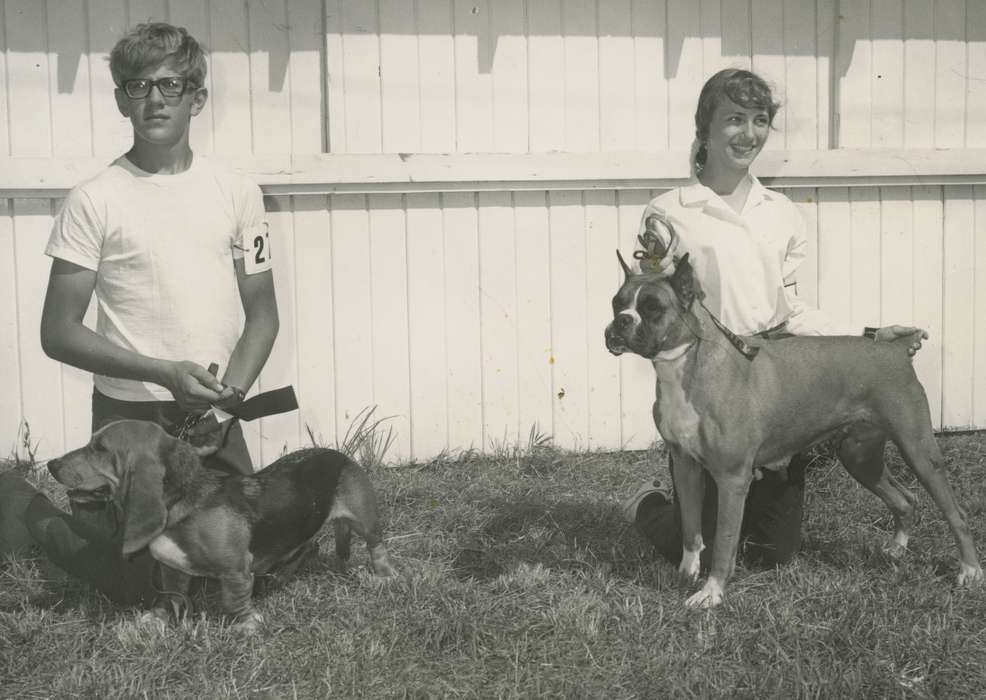 Portraits - Group, Stewart, Phyllis, Iowa, Animals, Fairs and Festivals, dog, Children, 4h, basset hound, Fort Dodge, IA, 4-h, boxer, history of Iowa, Iowa History