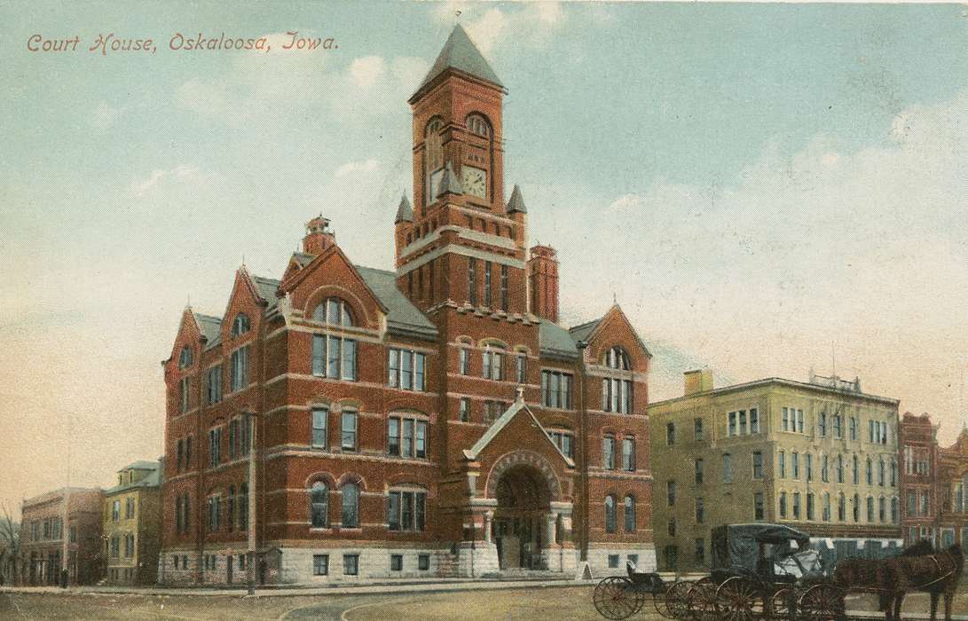 Oskaloosa, IA, history of Iowa, color, Main Streets & Town Squares, Iowa, Dean, Shirley, Cities and Towns, courthouse, correct date needed, Iowa History