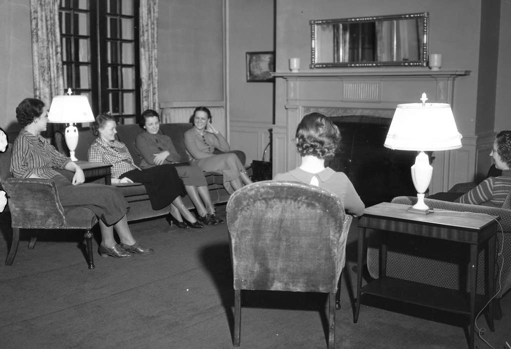 lounge, Cedar Falls, IA, history of Iowa, Iowa History, uni, iowa state teachers college, chair, fireplace, UNI Special Collections & University Archives, couch, Iowa, Schools and Education, university of northern iowa, Leisure, lamp