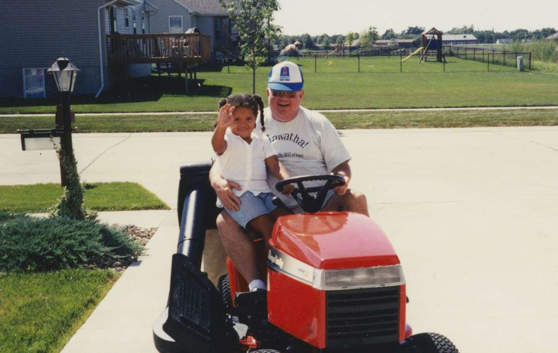 Portraits - Group, IA, Iowa, driveway, Theis, Virginia, Leisure, Children, african american, People of Color, lawn mower, history of Iowa, Motorized Vehicles, Iowa History