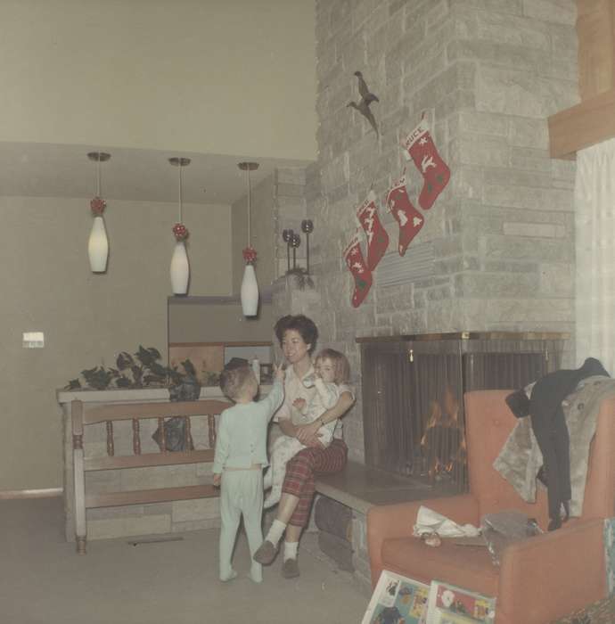 christmas decorations, history of Iowa, Iowa History, Families, Fink-Bowman, Janna, Holidays, fireplace, pajamas, West Union, IA, Iowa, Children, bench
