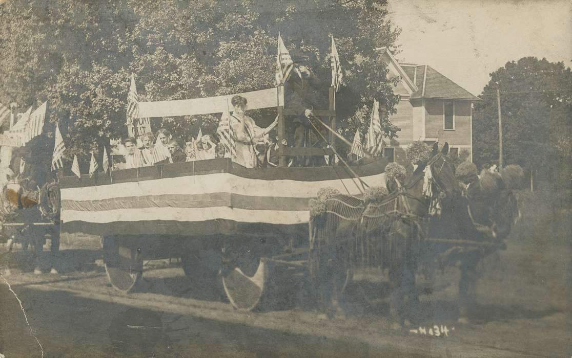 flag, history of Iowa, Iowa History, Animals, american flag, Holidays, Fairs and Festivals, wagon, Iowa, Cities and Towns, Bremer County, IA, horse, Children, Waverly Public Library