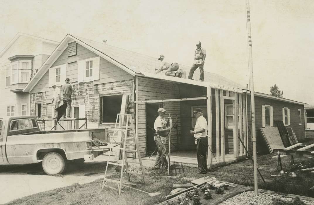 Portraits - Group, Military and Veterans, history of Iowa, Iowa History, pickup truck, Motorized Vehicles, flagpole, Civic Engagement, house, remodeling, tools, Iowa, Cities and Towns, Homes, correct date needed, Waverly Public Library, american legion