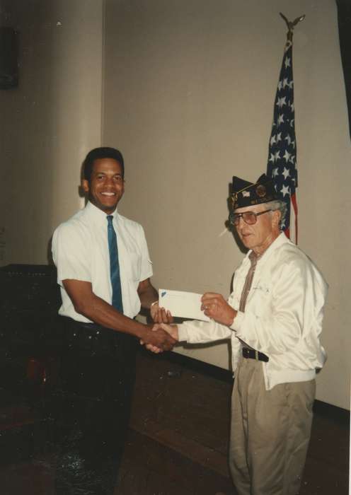 Portraits - Group, Iowa, Waterloo, IA, Iowa History, Military and Veterans, african american, veteran, People of Color, East, Ed, Civic Engagement, history of Iowa, flag, handshake