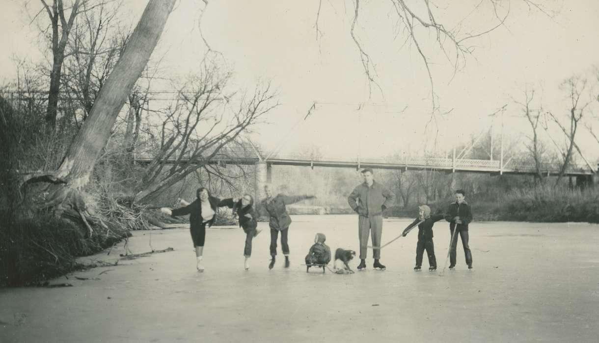 Portraits - Group, sled, bridge, history of Iowa, Iowa History, Winter, Lakes, Rivers, and Streams, Hamilton County, IA, river, Iowa, Outdoor Recreation, McMurray, Doug, Children, dog, ice, ice skating