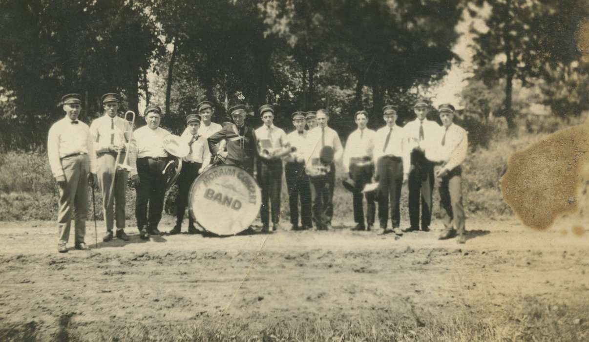 Portraits - Group, Iowa History, Iowa, band, uniform, IA, drum, Martin, Carol, Entertainment, musicians, trombone, history of Iowa