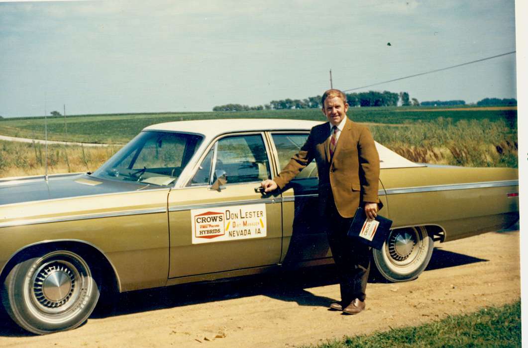 Portraits - Individual, car, Iowa History, Lang, Julie, Iowa, Motorized Vehicles, Nevada, IA, Labor and Occupations, Farms, history of Iowa