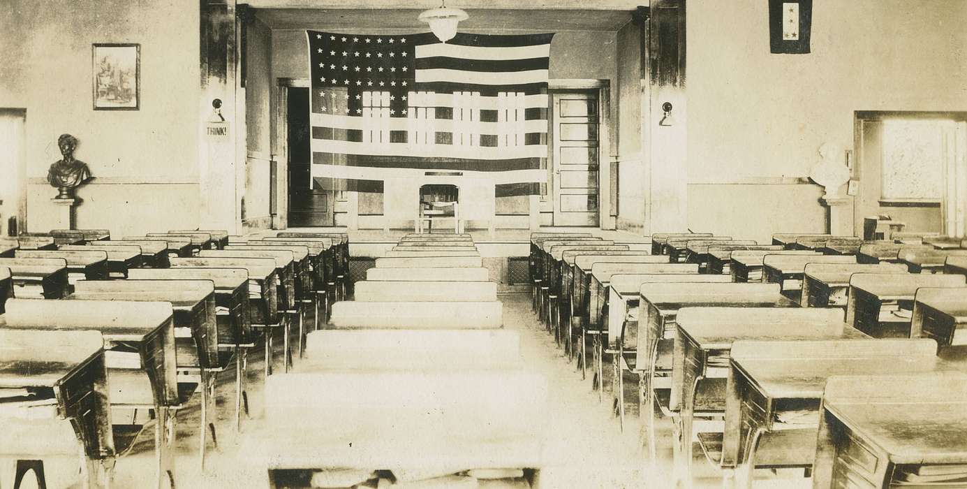 desk, Iowa History, Iowa, Schools and Education, Anamosa, IA, classroom, bust, flag, Hatcher, Cecilia, history of Iowa