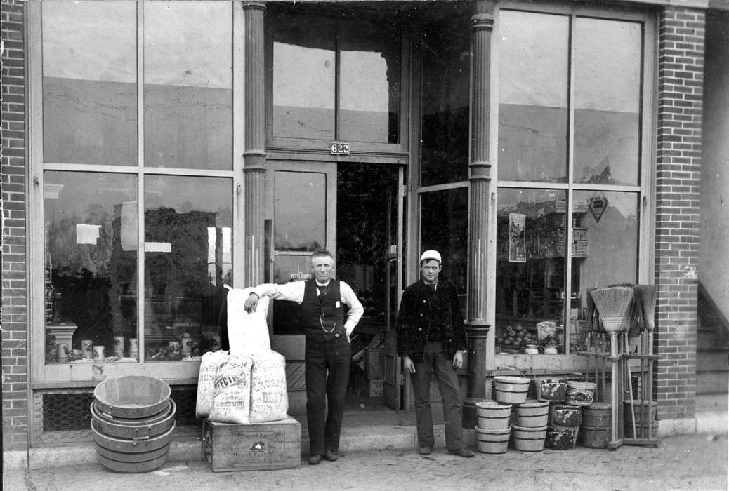 Portraits - Group, men, grocery store, history of Iowa, Iowa History, Ottumwa, IA, bucket, window, Businesses and Factories, store, Iowa, Lemberger, LeAnn, grain, broom, Labor and Occupations