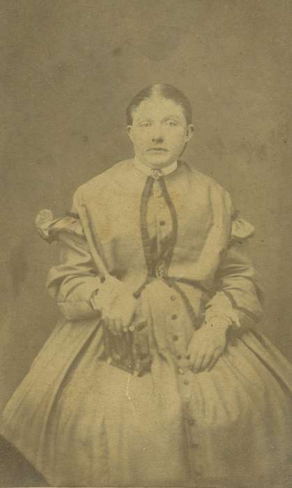 carte de visite, Iowa, woman, Pella, IA, hoop skirt, Olsson, Ann and Jons, Portraits - Individual, dress, history of Iowa, photo album, brooch, dropped shoulder seams, Iowa History