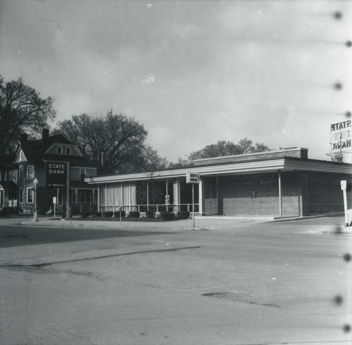 building exterior, history of Iowa, Waverly Public Library, Iowa, parking lot, Iowa History, Cities and Towns, bank