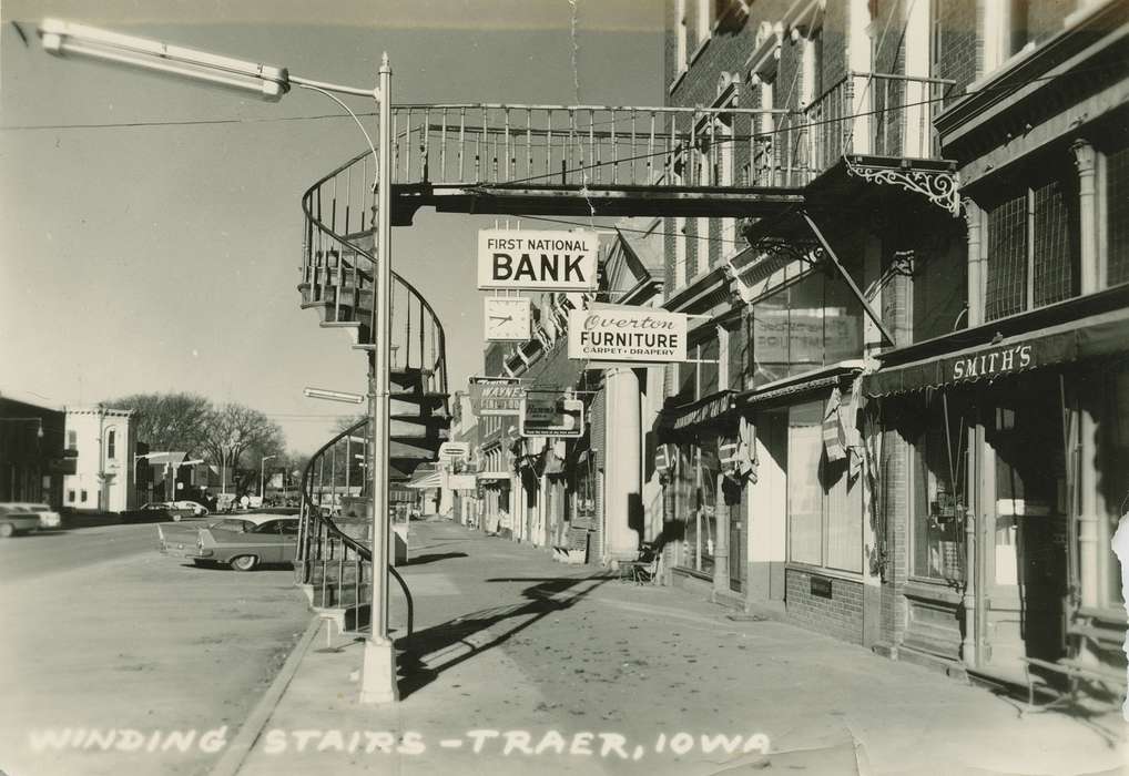 Cities and Towns, Traer, IA, stairs, clock, Iowa History, Iowa, history of Iowa, Businesses and Factories, Palczewski, Catherine, bank, Main Streets & Town Squares