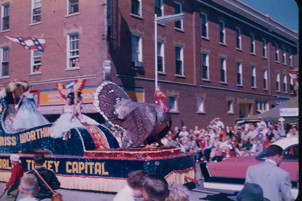 Main Streets & Town Squares, turkey, Iowa History, history of Iowa, parade, Harken, Nichole, Worthington, IA, Animals, Fairs and Festivals, parade float, Iowa