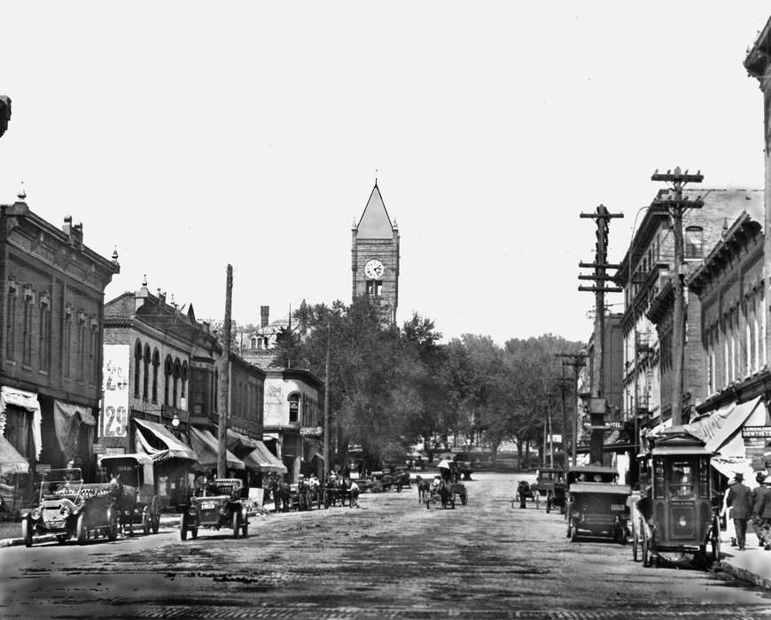 Main Streets & Town Squares, main street, history of Iowa, cars, Ottumwa, IA, Iowa History, clock tower, horse and buggy, car, Iowa, Lemberger, LeAnn, horse