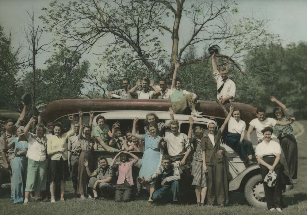 Portraits - Group, canoe, history of Iowa, Iowa History, Motorized Vehicles, Webster City, IA, Iowa, colorized, Outdoor Recreation, McMurray, Doug, silly