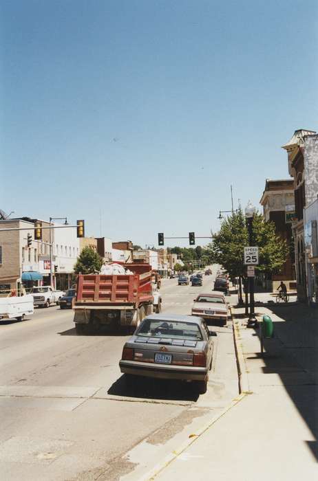 Cities and Towns, dump truck, Floods, Labor and Occupations, Motorized Vehicles, street light, truck, Waverly Public Library, street, Waverly, IA, Iowa, sidewalk, summer, history of Iowa, Iowa History, Civic Engagement, Businesses and Factories, car