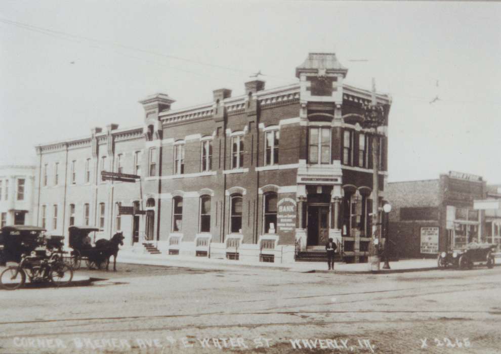 Main Streets & Town Squares, history of Iowa, Iowa History, Businesses and Factories, Animals, horse and buggy, brick building, Iowa, Cities and Towns, correct date needed, horse, Waverly Public Library, bank