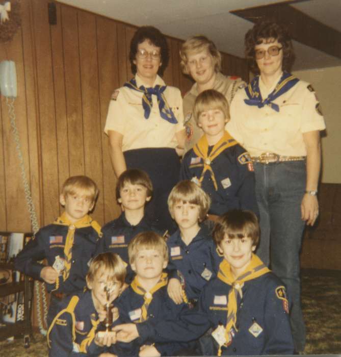 Portraits - Group, history of Iowa, wood paneling, IA, Iowa History, cub scout, necktie, Theis, Virginia, scout, Iowa, boy, Children