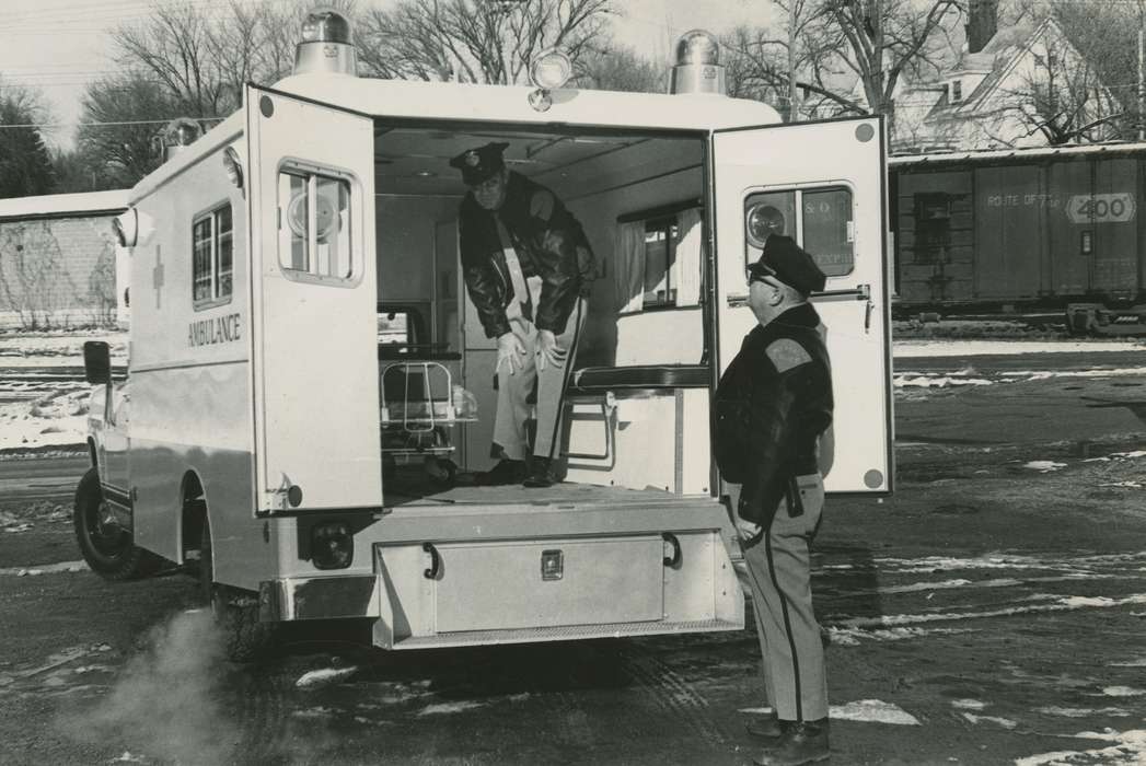 history of Iowa, Portraits - Group, ambulance, snow, Waverly Public Library, Iowa, Motorized Vehicles, correct date needed, Prisons and Criminal Justice, melting snow, Iowa History, Hospitals, Cities and Towns, police officer, Labor and Occupations