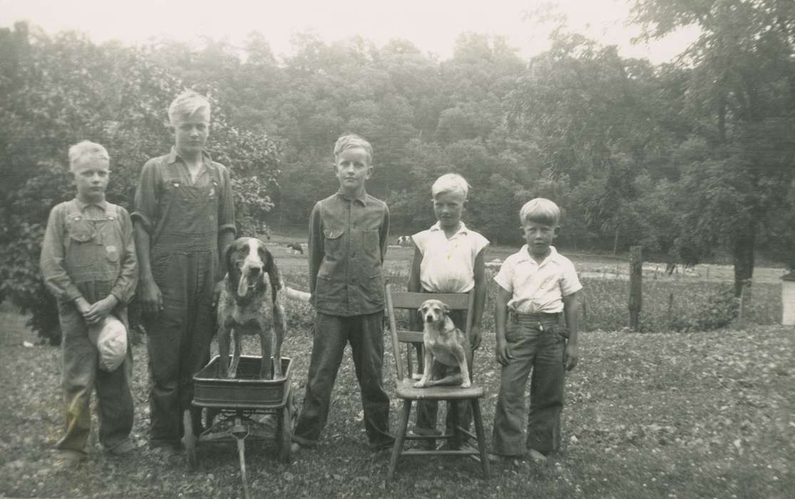 Portraits - Group, dogs, history of Iowa, Iowa History, Highlandville, IA, Animals, boys, Iowa, Sacquitne, Ruth Ann, Children