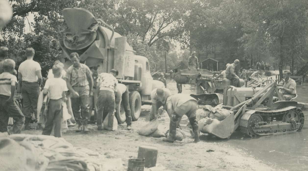 Floods, history of Iowa, Iowa History, Motorized Vehicles, Webster City, IA, Civic Engagement, tractor, Iowa, McMurray, Doug, sandbag, Children