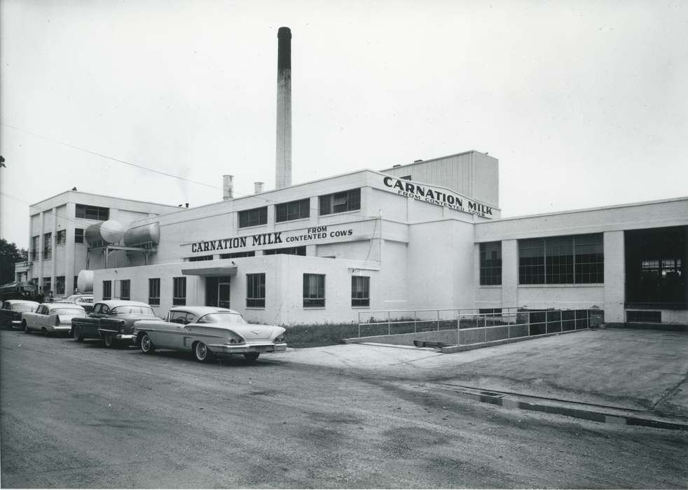 history of Iowa, milk, factory, Businesses and Factories, Waverly, IA, Waverly Public Library, Iowa, car, Motorized Vehicles, Iowa History, chimney